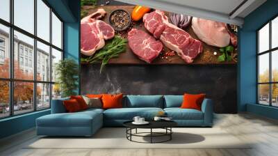 Slices of beef on a fresh red table, processed grilled meat and so there is empty space for text, greetings, wallpaper, posters, advertisements, etc. Wall mural