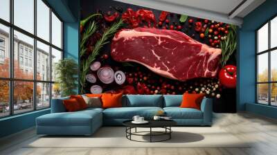 Slices of beef on a fresh red table, processed grilled meat and so there is empty space for text, greetings, wallpaper, posters, advertisements, etc. Wall mural