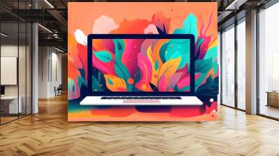 Creative idea on a laptop blooming with colors- ai generated Wall mural