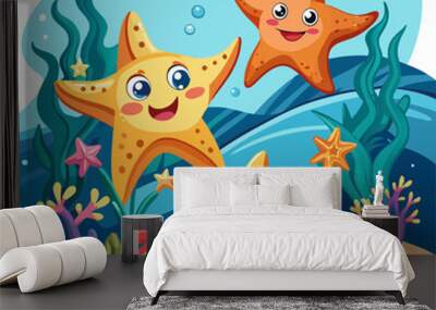 a colorful and playful illustration of an underwater scene featuring cartoon starfish. There are three main starfish with smiling faces, two larger ones and a smaller one Wall mural