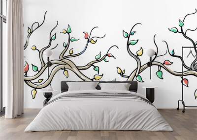 an artistic illustration of two intertwined branches with leaves. The branches are curvy and have a natural, flowing appearance. The leaves are small and scattered along the branches Wall mural