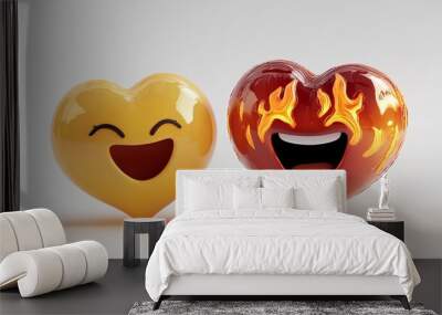 two heart-shaped emojis side by side. The one on the left is a yellow heart with a big, open-mouthed smile and closed eyes, giving a cheerful and happy expression Wall mural