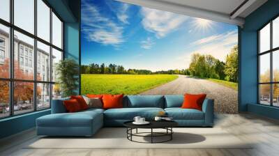 asphalt road panorama in countryside on sunny spring day.. Route in beautiful nature landscape with sun, blue sky, green grass and dandelions Wall mural