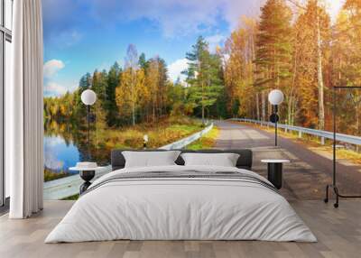 beautiful landscape on a highway in autumn. Road at falls on sunny day Wall mural