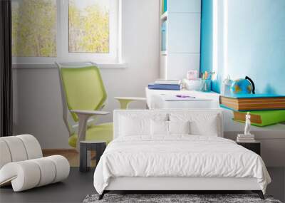 Colourful children rooom with white walls and furniture. Desk at home interior with a window Wall mural