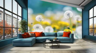 Field with dandelions and blue sky Wall mural