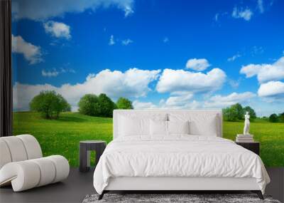 Field with yellow dandelions and blue sky Wall mural