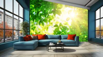 New fresh leaves on green spring background Wall mural