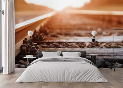 Railway track in the evening in sunset Wall mural