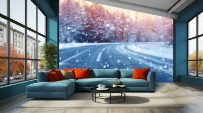 winter road, covered with snow on sunny day. Black icy asphalt Wall mural