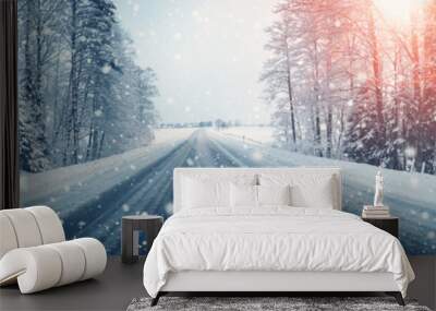 winter road, covered with snow on sunny day Wall mural