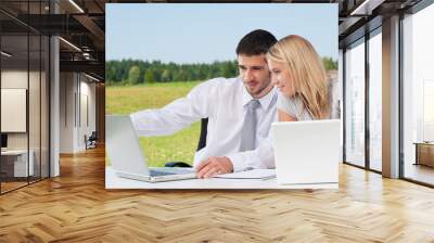 business colleagues in sunny nature with laptop Wall mural