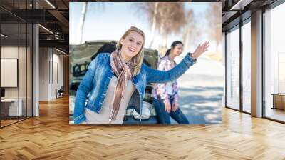 car defect two women wait for help Wall mural