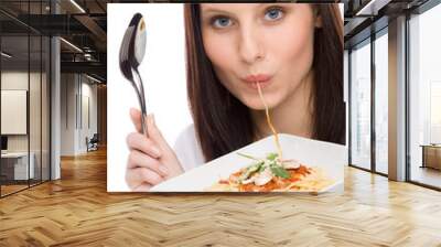 italian food - portrait woman eat spaghetti sauce Wall mural