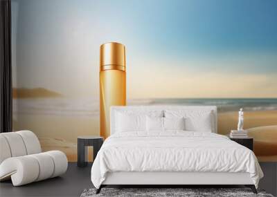 sun protection cream in gold bottle on the beach, morning sea background Wall mural