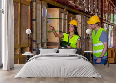 Caucasian man and woman warehouse worker working and checking inventory stock on parcel shelf in distribution fulfillment center. Business industry and freight transportation logistic cargo concept. Wall mural