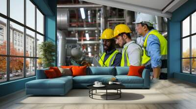 Group of Diversity electrical engineer in safety uniform working together at factory site control room. Industrial technician worker maintenance and checking power system at manufacturing plant room. Wall mural