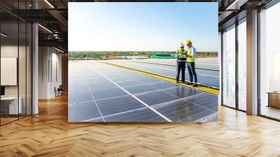 Professional engineer using drone and digital tablet maintaining solar cell panels together on building rooftop. Technician working on ecological solar farm. Renewable clean energy technology concept Wall mural