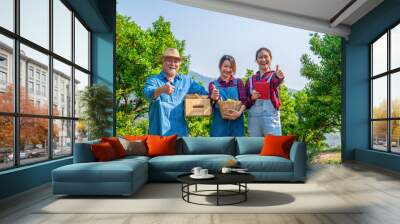 Two Asian woman with senior man farmer working in organic orange orchard with happiness. Happy family farm owner harvest ripe orange in garden together. Agriculture product business industry concept Wall mural