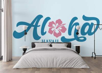 Aloha text, emblem and logo isolated on white. Hand drawn Aloha Hawaiian word for hawaii shirt print or sign. Lettering or summer party invitation, flyer and poster design. Wall mural