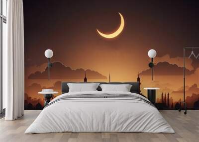 AI generated illustration of an Islamic background with a beautiful Mosque under a crescent moon Wall mural