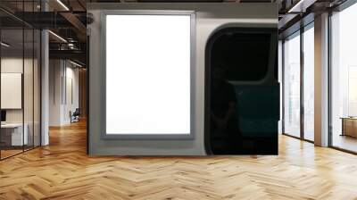 Blank advertising sign inside subway train. Close to the glass edge of the train. Wall mural