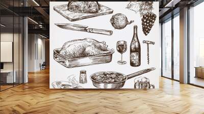 big collection of hand drawn food Wall mural