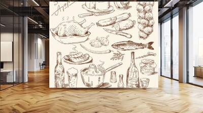 big collection of hand drawn food Wall mural