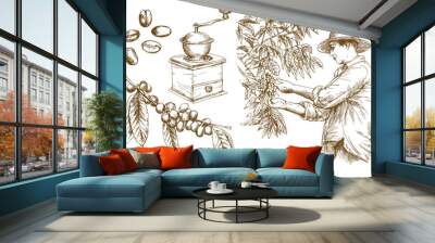 Farmer picking coffee beans. Hand drawn vector illustration. Wall mural