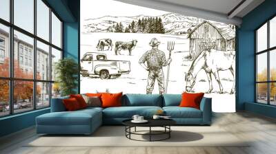 Farmer working at farm. Hand drawn illustration Wall mural