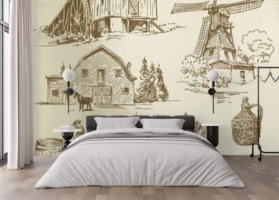 rural landscape, farm - hand drawn windmill and watermill Wall mural