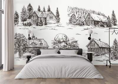 Rural landscape. Hand drawn set Wall mural