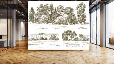 Rural landskape, forest and meadow. Hand drawn set. Wall mural