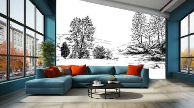 Rural landskape, forest and meadow. Hand drawn set. Wall mural