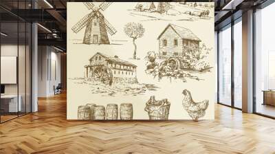 Watermill and windmill - hand drawn collection Wall mural