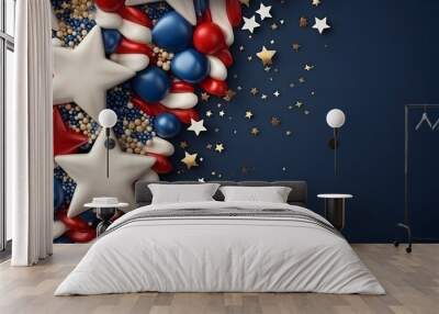 4th of July Background with Red White Blue Stars and Confetti Wall mural