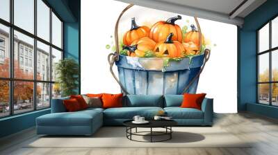 Cute cartoon watercolor halloween basket with a pumpkin on a transparent background Wall mural