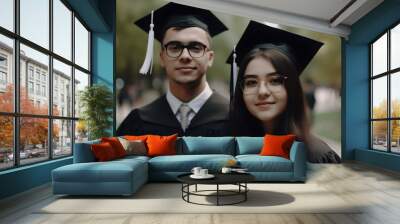 Two students in graduation with hats and black gowns Wall mural