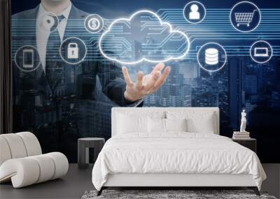 Double exposure of professional businessman connected and presented Cloud technology and internet of things and wireless network with blue tone background , business and technology concept Wall mural