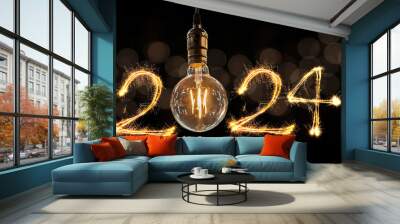 Luxury beautiful retro or vintage dirty light bulb decor hanging with 2024 Happy new year concept written number by sparkle firework Wall mural