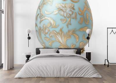 An ornate blue Easter egg with a gold floral design on an intricate gold stand isolated on a transparent background. Concept and design of Easter celebration. Russian souvenir, egg box. Wall mural