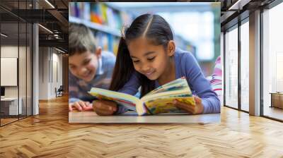 Children's Day. A group of children read books in the library. The concept of education and a happy carefree childhood. Wall mural