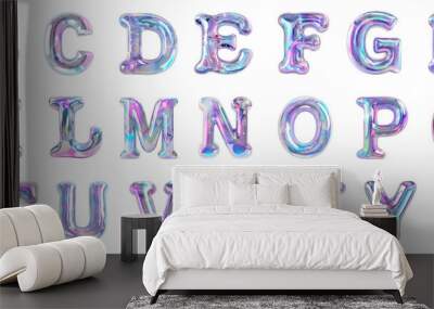 Full Alphabet, inflatable chrome letters, liquid metal, glass effect, with a smooth, shiny, iridescent holographic surface on a transparent background. Graphic element for design and print.. Wall mural