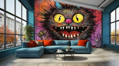 A cartoon version of the cat, emotive body language, spiky mounds, frayed Wall mural