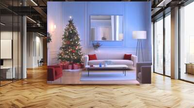 A cozy living room decorated for the holiday season with a Christmas tree, presents, and soft lighting in a tranquil ambiance Wall mural