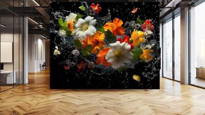 Colorful flowers splashing in water against a black background Wall mural