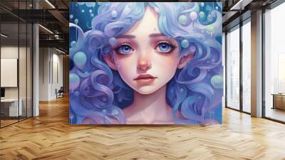 Ethereal Watercolor Muse with Aqua Tresses Wall mural