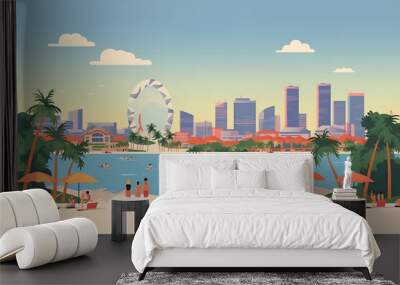 Illustration of a Singapore city landscape with buildings. Illustration for your design. Travel concept Wall mural