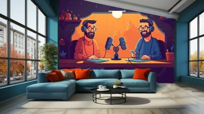 Illustration of two men talking on live streaming. Concept of the podcast in the studio. People in headphones on, interview, broadcast, recording audio, online show Wall mural