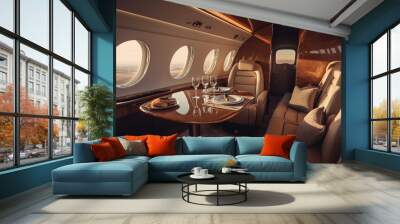 Luxury interior in the modern business jet and sunlight at the window. Sky and clouds through the porthole Wall mural